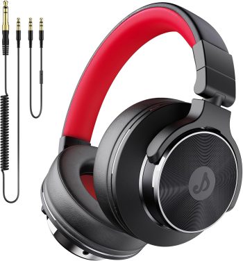Wired Over Ear Headphones, Studio Monitor & Mixing DJ Headphones with 50mm Neodymium Drivers and 1/4 to 3.5mm Jack for Guitar AMP Podcast Piano Keyboard (Black-Red)