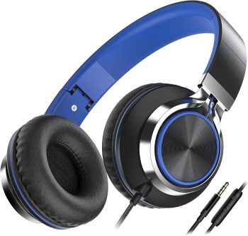 Headphones Wired, On-Ear Headphones with Microphone and Volume Control Foldable Corded Stereo 3.5mm Headset for Smartphones  Laptop Computer PC Tablets Travel(Black/Blue)