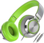 Headphones Wired, On-Ear Headphones with Microphone and Volume Control, Corded 3.5mm Headset for Boys Girl School Smartphones  Laptop Computer Tablets Airplane Travel (Grey/Green)