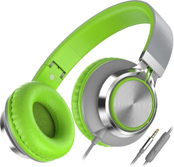 Headphones Wired, On-Ear Headphones with Microphone and Volume Control, Corded 3.5mm Headset for Boys Girl School Smartphones  Laptop Computer Tablets Airplane Travel (Grey/Green)