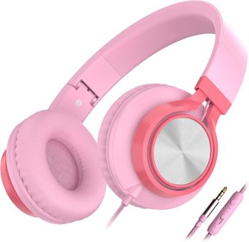 Girls Headphones, On-Ear Headphones Wired with Microphone and Volume Control Foldable Corded Stereo 3.5mm Headset for Girls School  Laptop Computer PC Tablets Travel (Pink)
